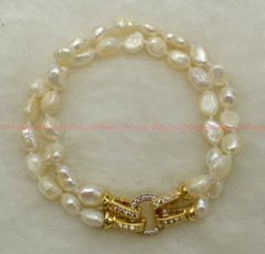 Charming Natural 2 Row 7-8/8-9mm White Baroque Pearl Beads Bracelet 7-9in