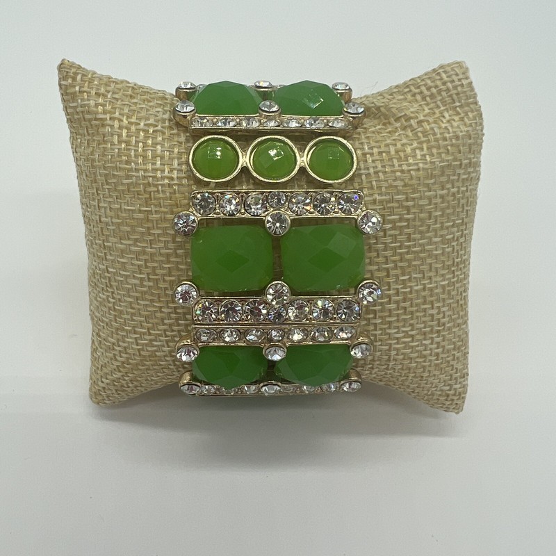 Green Enamel Stone and Clear Rhinestone Stretch Bangle Boho Chunky gallery