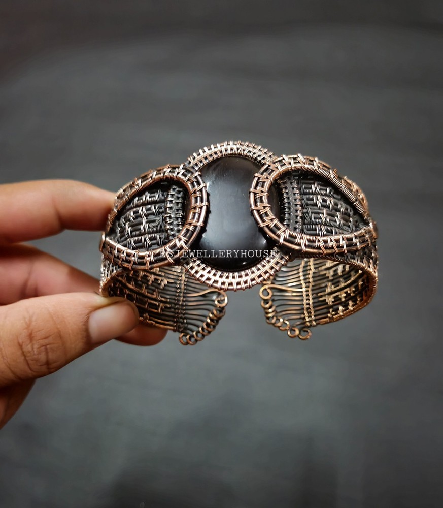 Black Onyx Bracelet Copper Wire Wrapped Cuff Bracelet Handmade Adjustable Bangle