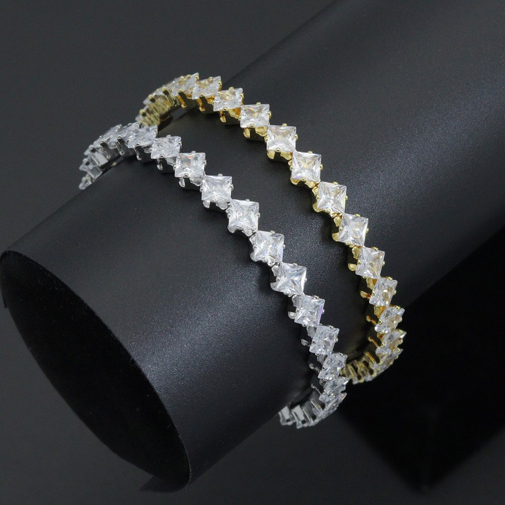 Gold Silver Clear Rhombus Diamond Shape CZ Stretchy Bracelet, Sku#A506