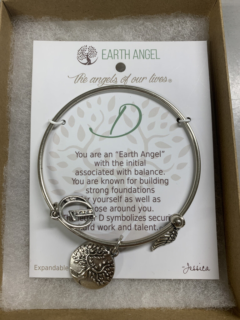 Earth Angel “D” Initial Bangle Charm Expandable Bracelet - Antique Silver Color gallery