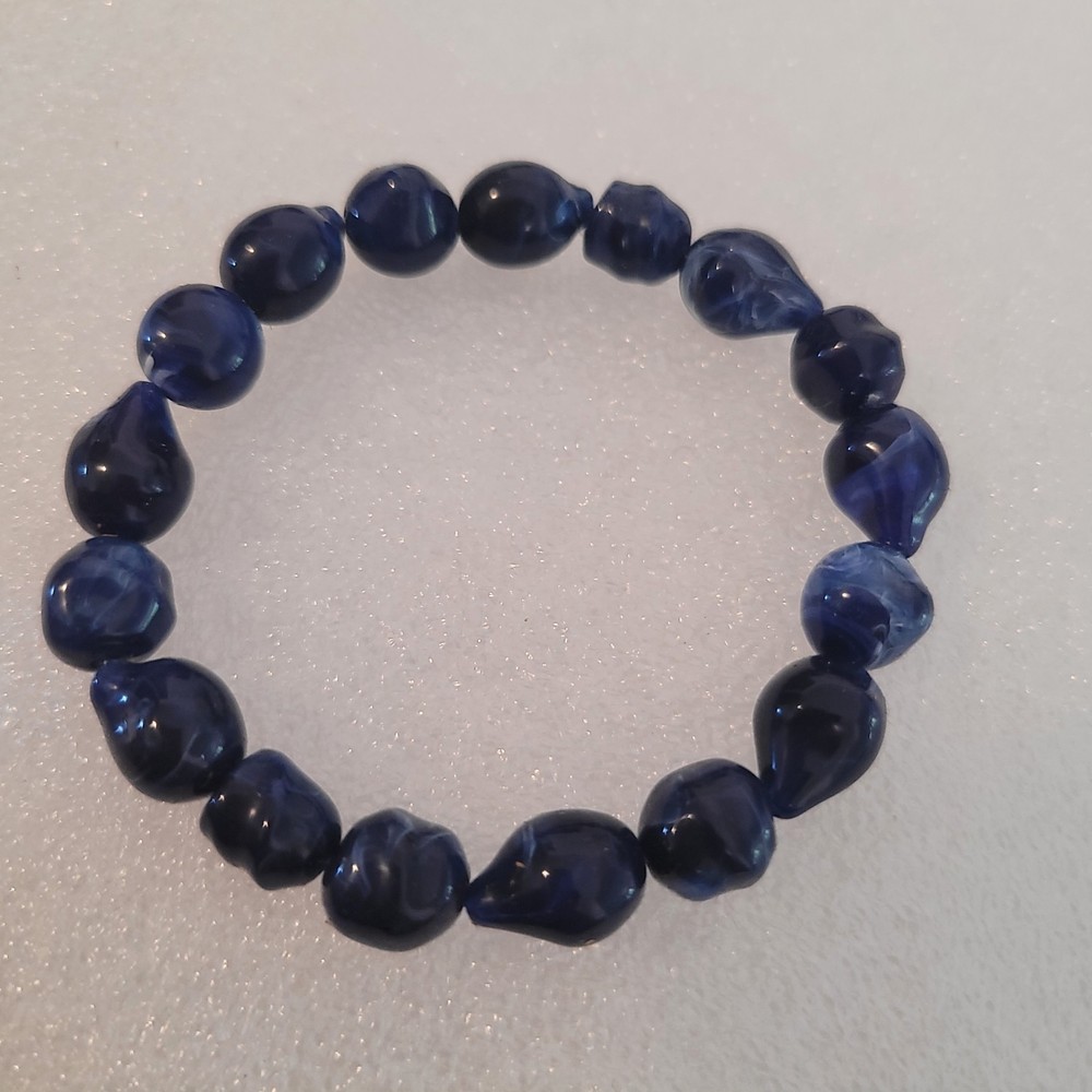 Blue Marbled Abstract Bead Stretch Bracelet Chunky Statement Art Jewelry Navy