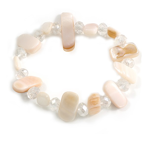 Transparent Glass and Off White Sea Shell Bead Flex Bracelet - M/L