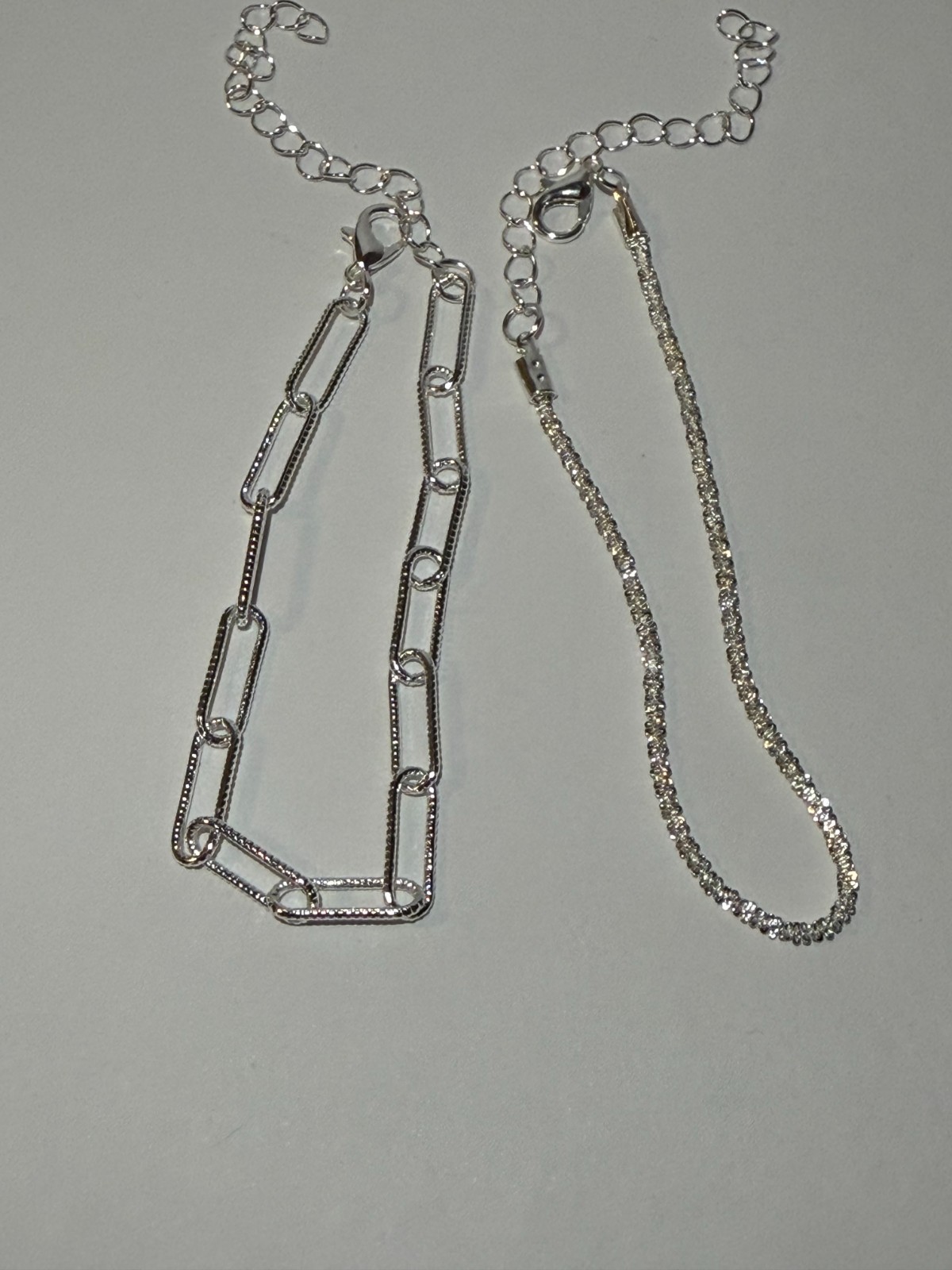 2 Silver Tone Anklets Bracelet Set – Chain Link & Crystal Tennis Style gallery