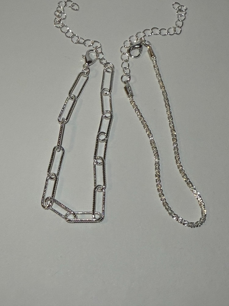 2 Silver Tone Anklets Bracelet Set – Chain Link & Crystal Tennis Style