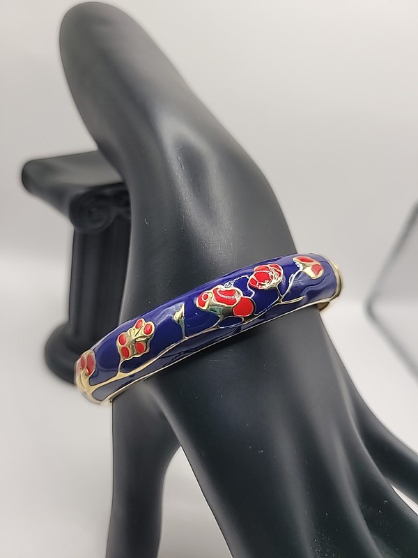 Vintage Blue Enamel Floral Hinged Bangle Bracelet Gold Tone Cloisonne' Style gallery
