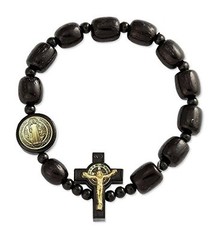 Catholic Saint Benedict Medal Bracelet with Cross, Black Wood Beads, Stretchable