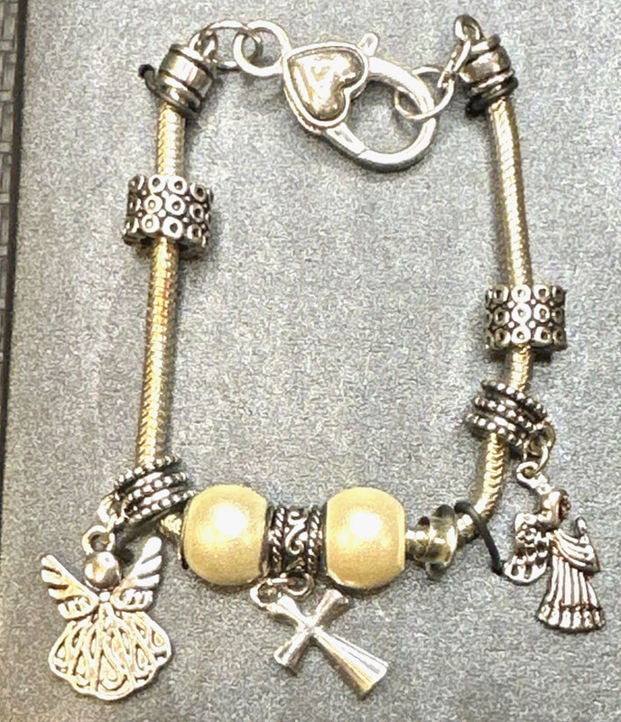 Charm Bracelet silver tone heart clasp Angel Cross religious love beaded gallery