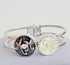 Silver Tone MOM Double Medallion Hinged Cuff Bracelet