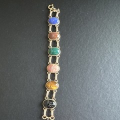 Gold Tone Egyptian Bracelet Multicolor Oval Bezel Stones Lobster Clasp 7″