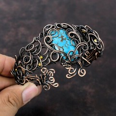 Gift For Women Jewelry Wire Wrapped Adjustable Bangle Copper Tibetan Turquoise