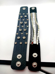 Multi Rhinestone Faux Black Leather Bracelet- 9 Inches Unisex Lot Of TWO