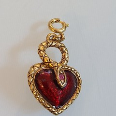 Vintage Gold Tone Red Enamel Heart Charm Snake Wrap Pink Rhinestone Eye 1.25″