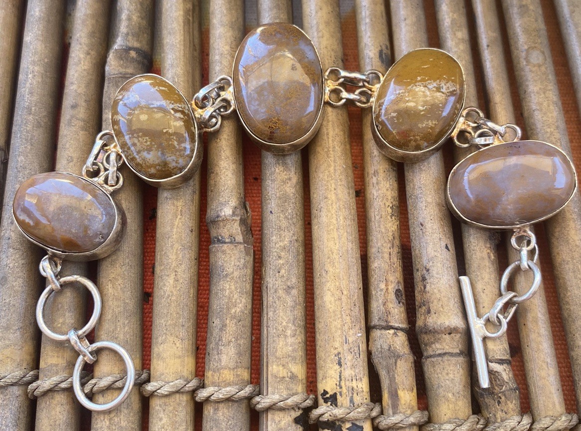 Silver Bezeled Polished Agate Linked Bohemian Bold Nature Earth Tone Bracelet gallery