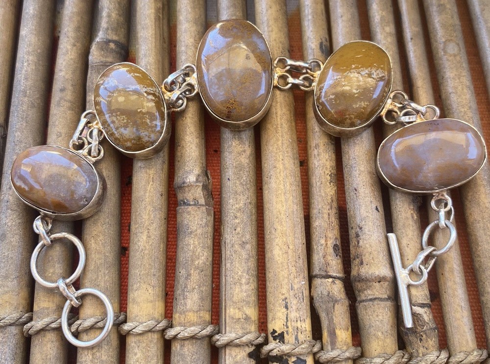 Silver Bezeled Polished Agate Linked Bohemian Bold Nature Earth Tone Bracelet