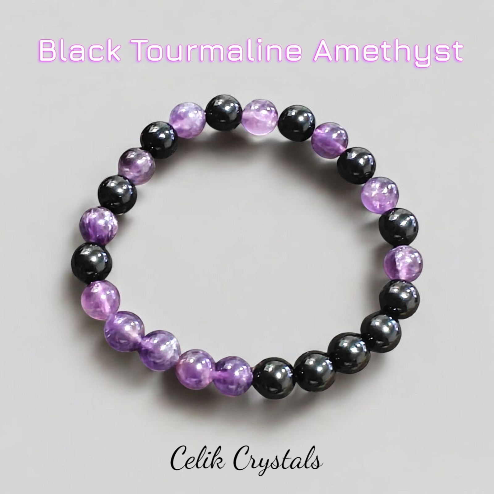 Black Tourmaline Amethyst Bracelet Natural Stones 8mm Stretches Unisex... gallery