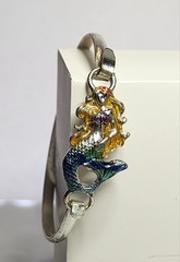 Silver Tone Blue Yellow Enamel Mermaid Bangle Bracelet