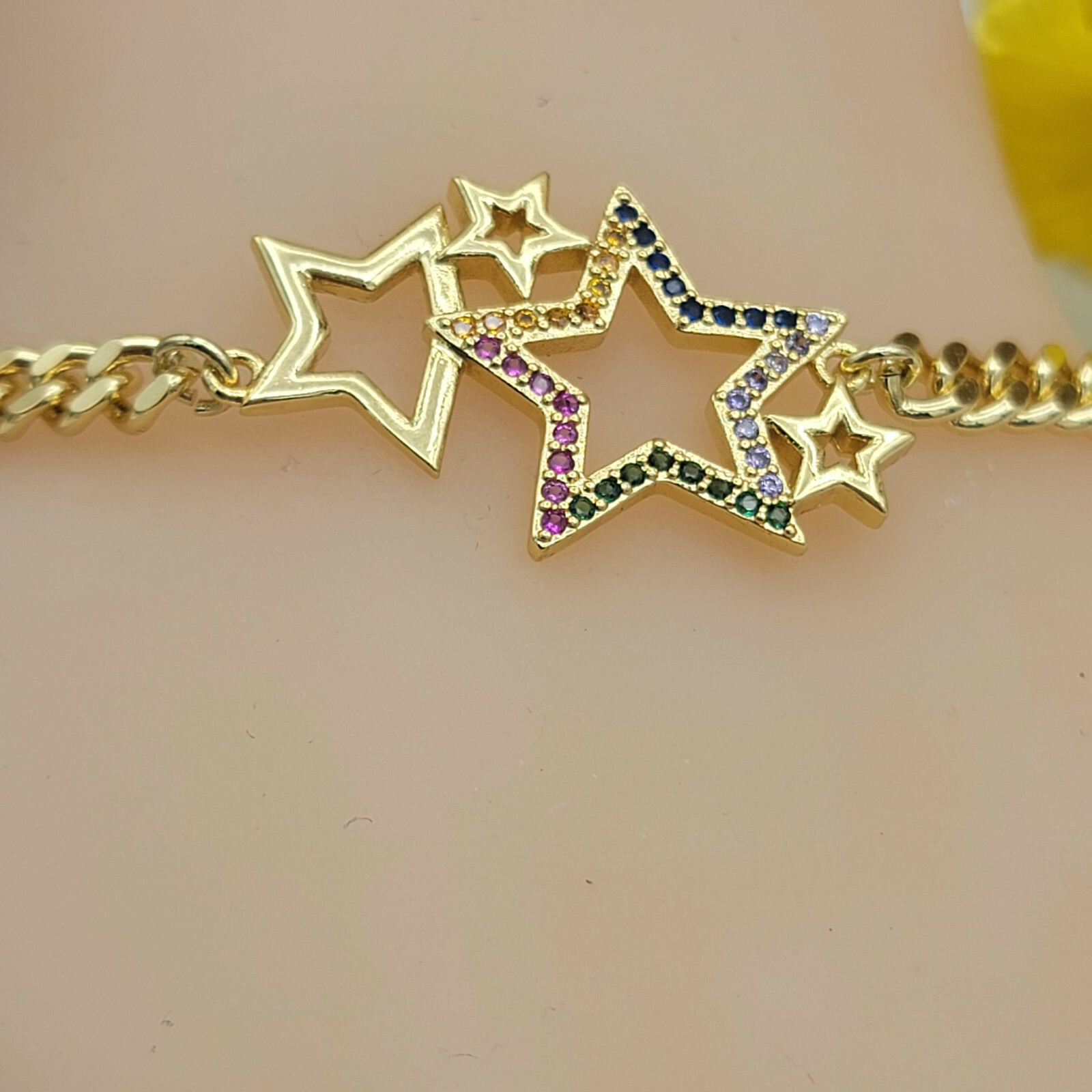 14K Gold Plated. Multicolor crystals sparkling Stars Curb Chain Bracelet. gallery