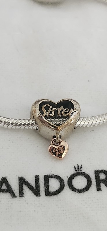 PANDORA Moments Sterling Silver Bracelet with Heart Clasp & Sister Charm. 7 Inch gallery
