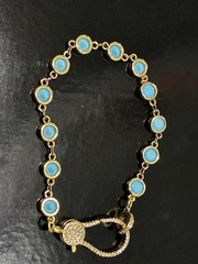 Gold Tone turquoise Bezel Set Station Link Bracelet Pave Closure 7”