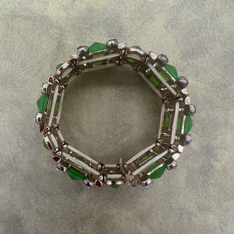 Green Enamel Stone and Clear Rhinestone Stretch Bangle Boho Chunky gallery