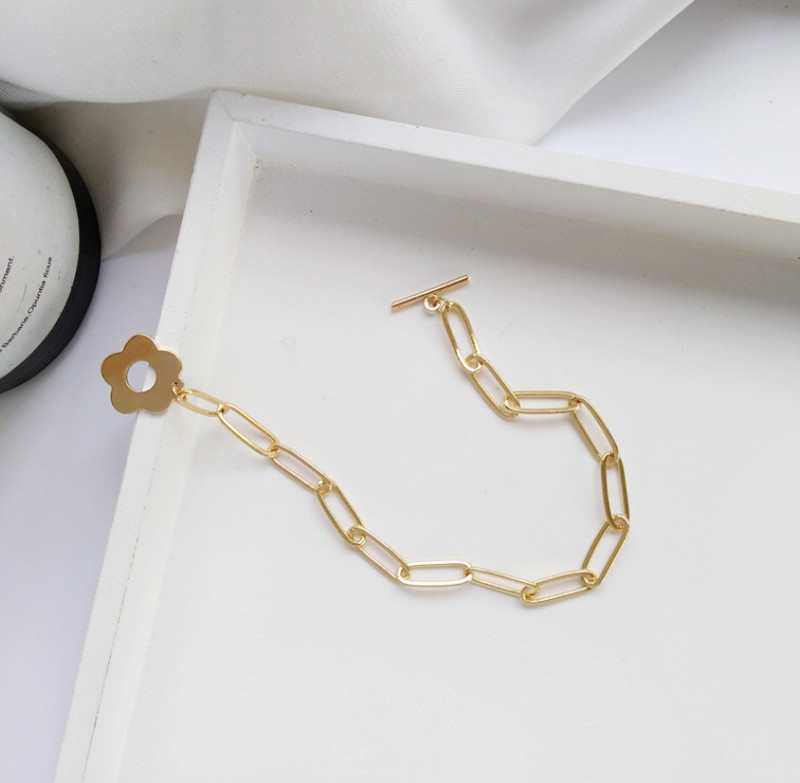 Gold Plated Stainless Steel Paper Clip Link Chain Flower Toggle Bracelet 7" AC gallery