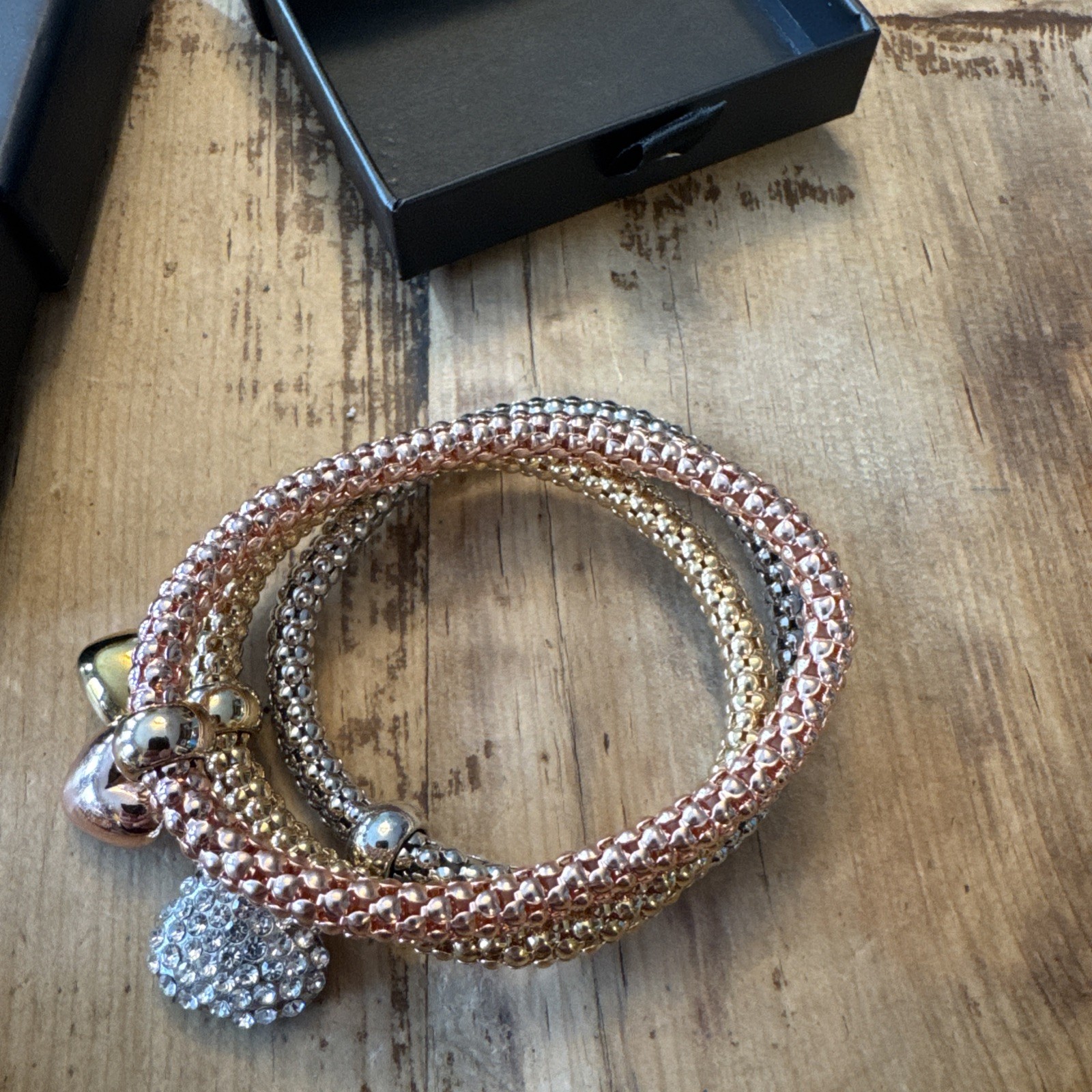 Mint & Lily Stretch Bracelets Heart Charms Rose Gold Silver Gold And TriCube Mtl gallery