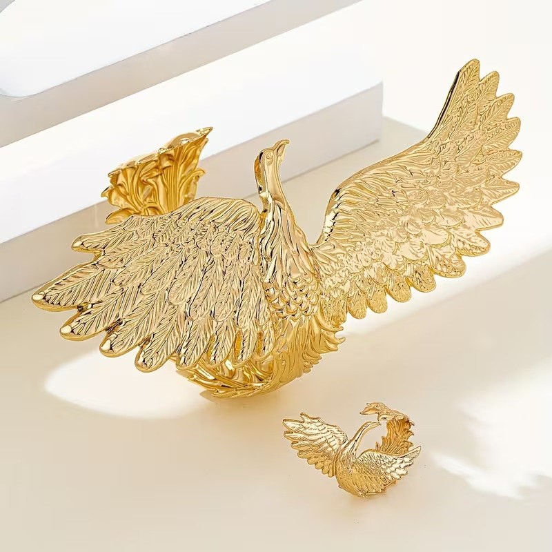 Gold Tone Egyptian Phoenix Bird Cuff Bracelet w/ Statement Ring Set (One Size) gallery