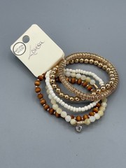 NWT Lovisa Beaded Stretch Bracelets Gold White Brown Wood Glass Metal