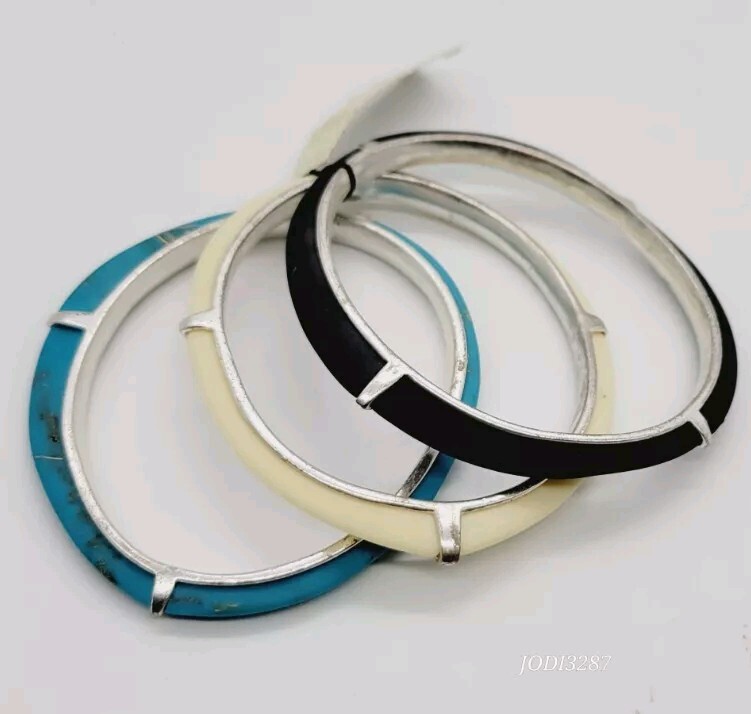 Fossil Brand Bangle Bracelet Lot 3pc Set Brown Cream Blue OSFM gallery