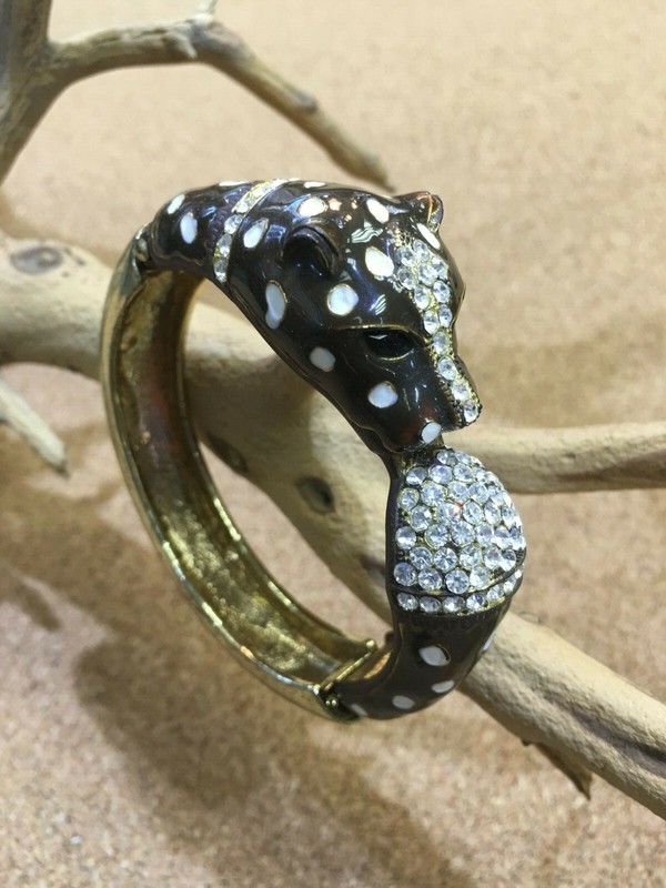 LEOPARD JAGUAR BANGLE CUFF SILVER TONE BRACELET BLACK ENAMEL SPARKLE RHINESTONE gallery