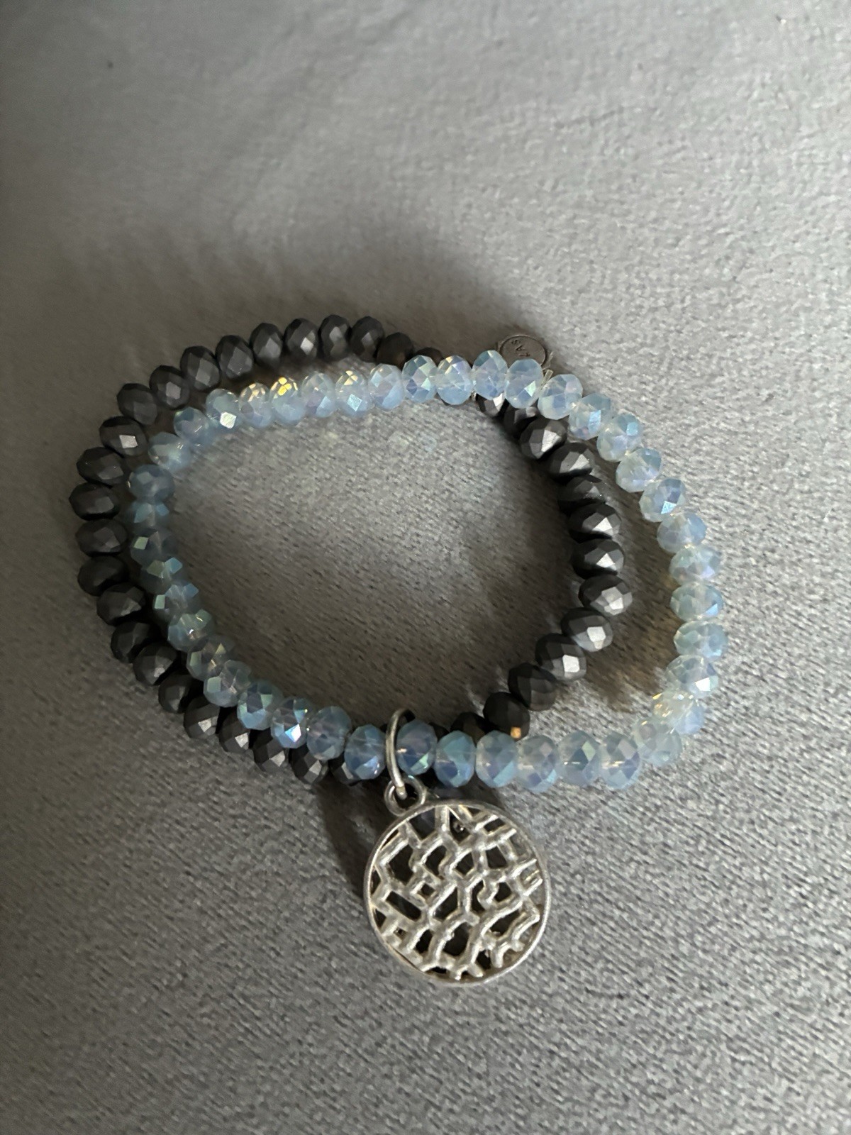 Blue And Gray Stretch Double Strand Bracelet With Silver Charm gallery