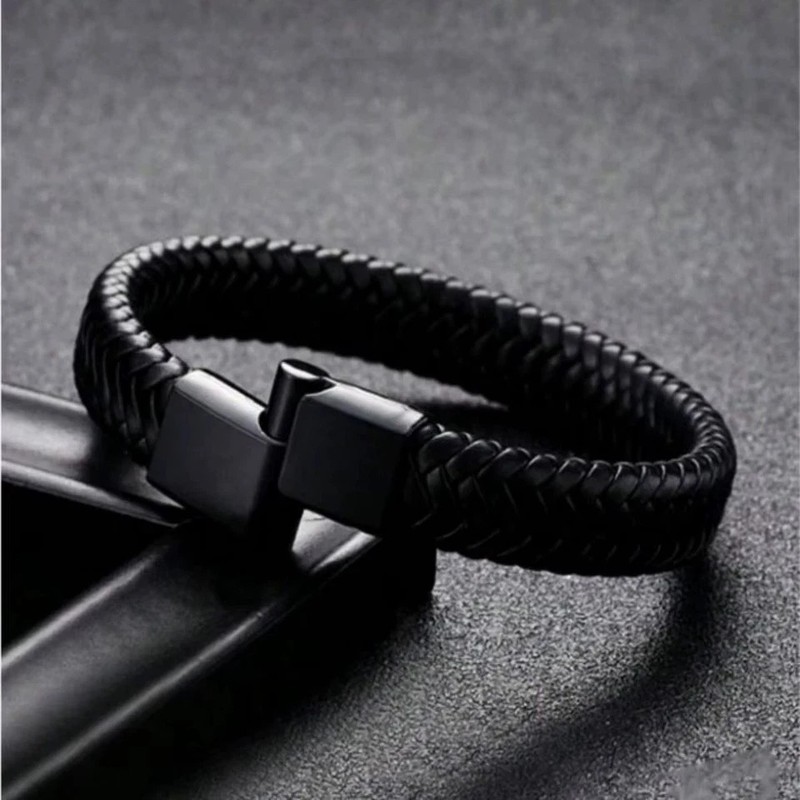 Black Bracelet Men's Braided Leather Bangle Stainless Steel Cuff Wristband USA gallery