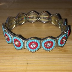 Bohemian Stretch Bracelet Turquoise Red Beaded Rhinestone Ethnic