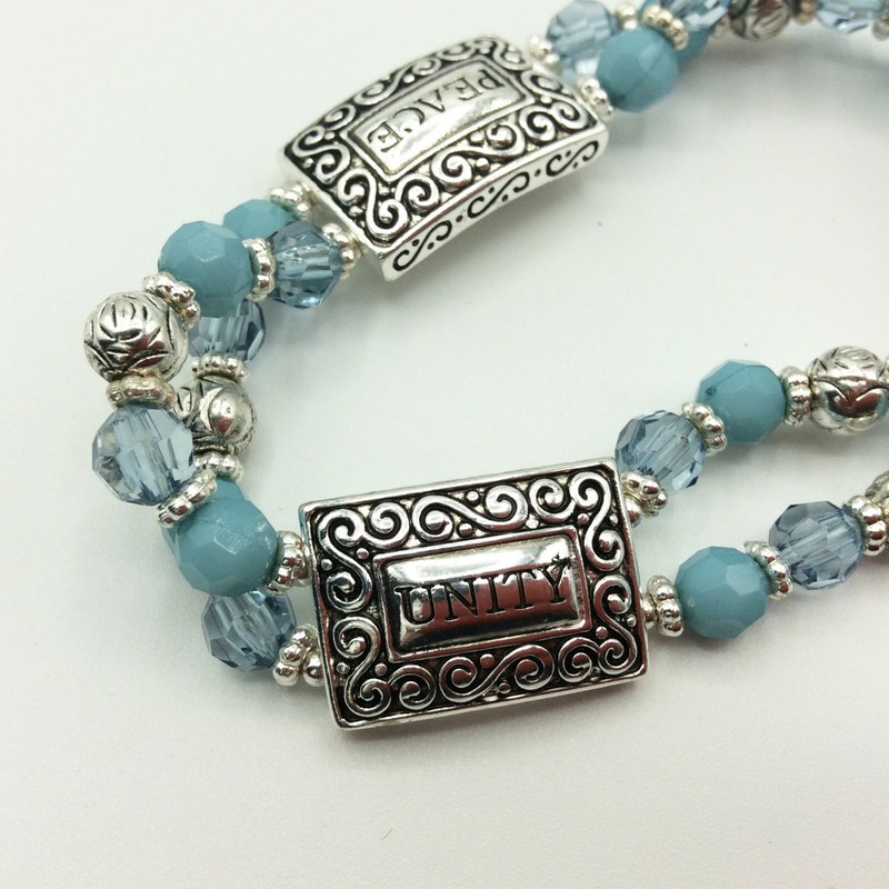 Fun Turquoise Blue and Silver Word Panel Stretch Bracelet w Peace, Unity, Wish gallery
