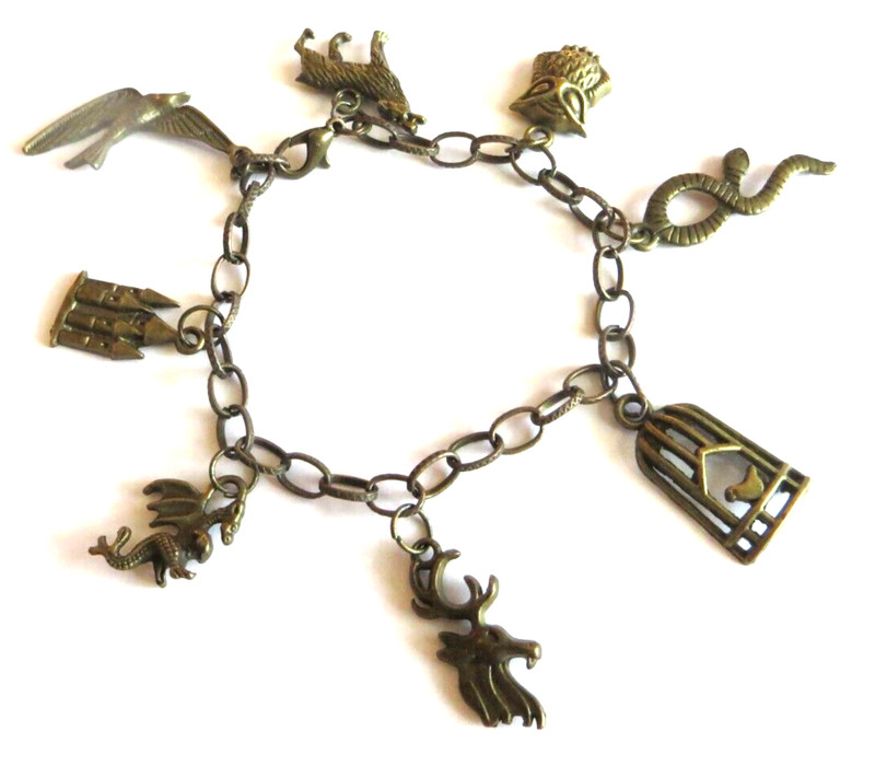 VINTAGE BAVARIAN GOTH CHARM BRACELET CASTLE WOLF DRAGON OWL SNAKE STAG CHARMS gallery