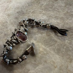 UNOde50 Silver Tone Metal Charm Beaded Bracelet Leather Cord Signed