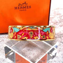 Vintage Hermes Bangle Bracelet Orange Pink Enamel Sphinx Gold Finish 65 w/Box