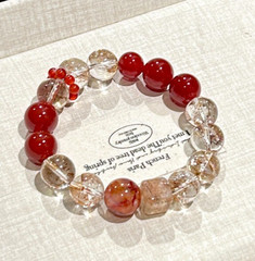 Natural Black Gold Super Seven Red Agate Gold Foil Koi Stretch Bracelet Gift