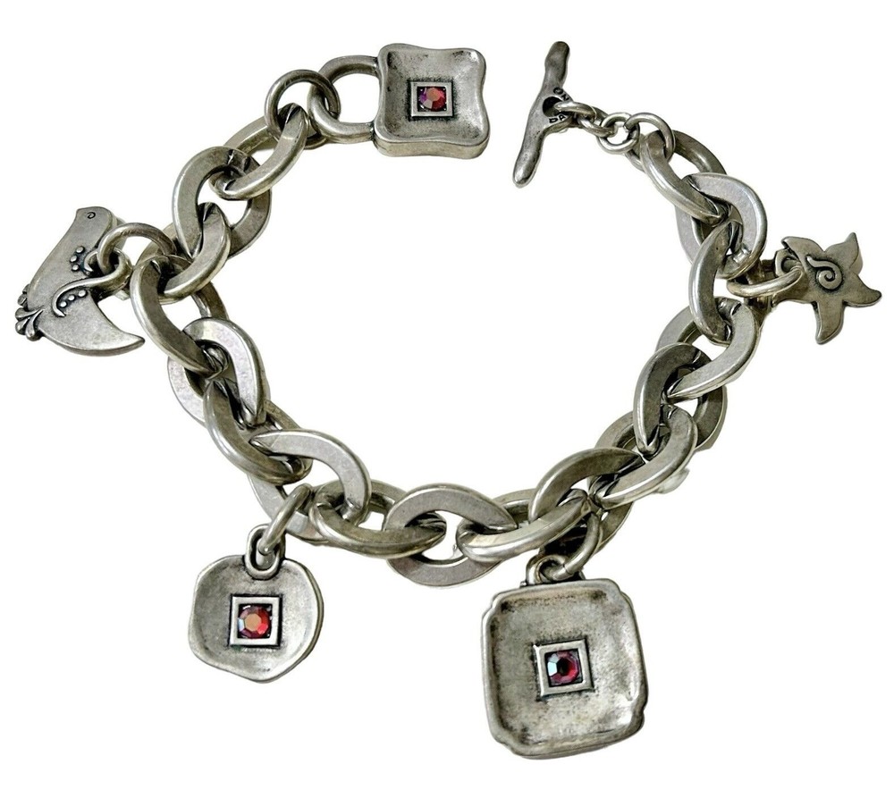 Danon Charm Bracelet Bird Star Floral 7” Silver Pewter Link Beach Nautical