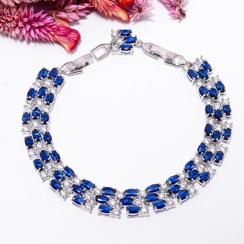 Blue Sapphire -Simulated, CZ 925 Sterling Silver Adjustable Bracelet 7-8" B3212 gallery