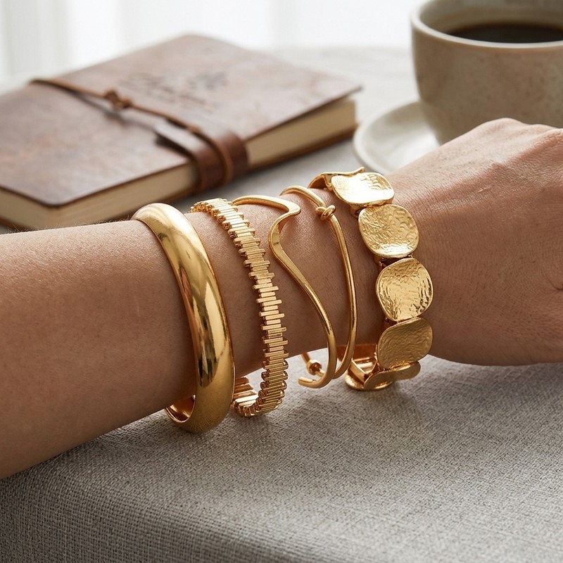 5Pcs Minimalist Gold Bangle Set, Stackable Open Cuff Bracelets for Women gallery