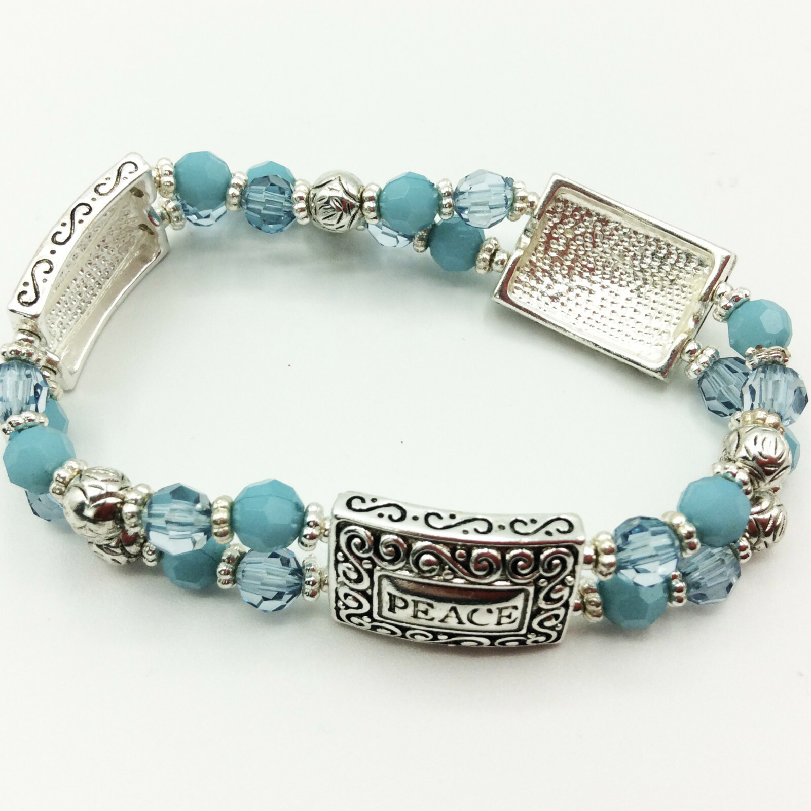 Fun Turquoise Blue and Silver Word Panel Stretch Bracelet w Peace, Unity, Wish gallery