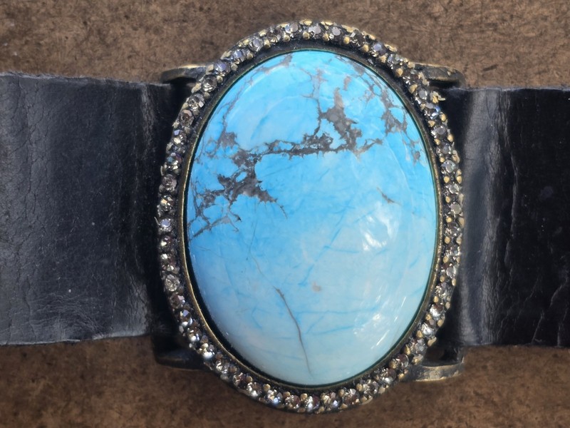 RARE REBEL DESIGNS NY Huge 3" Turquoise Statement Double Wrap Leather Cuff gallery