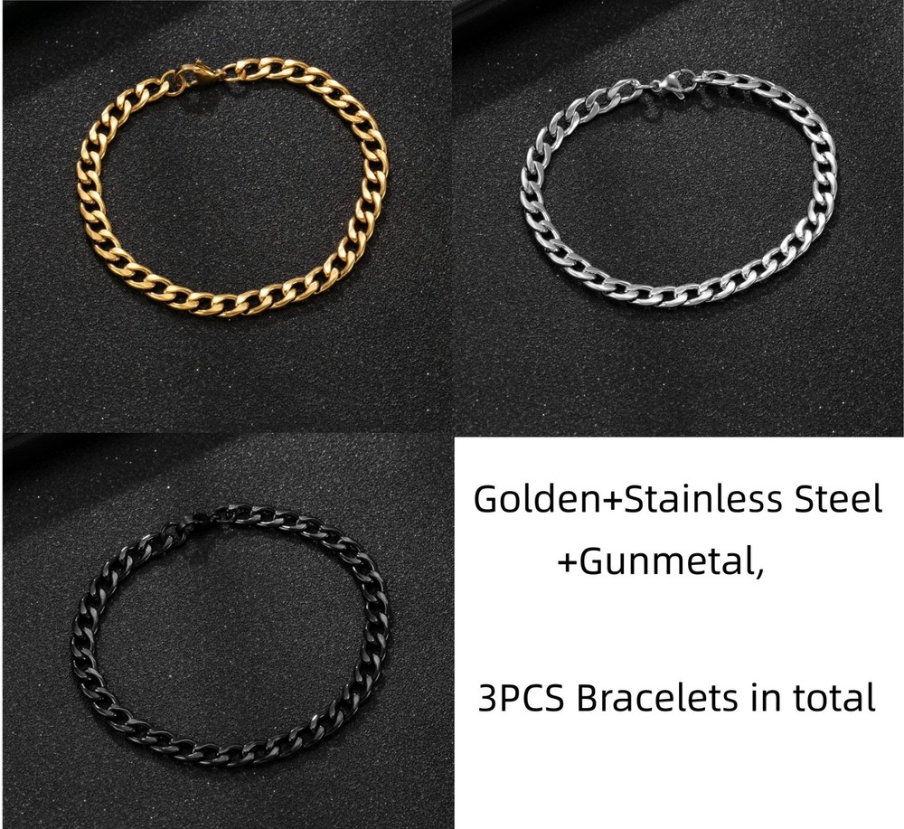 3PCS Fashion Mens Stainless Steel Flat Curb Chain Bracelets 20cm