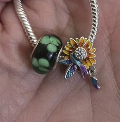 Hummingbird Sunflower European Bead 925 SET Silver Core Charm Dangle Feather