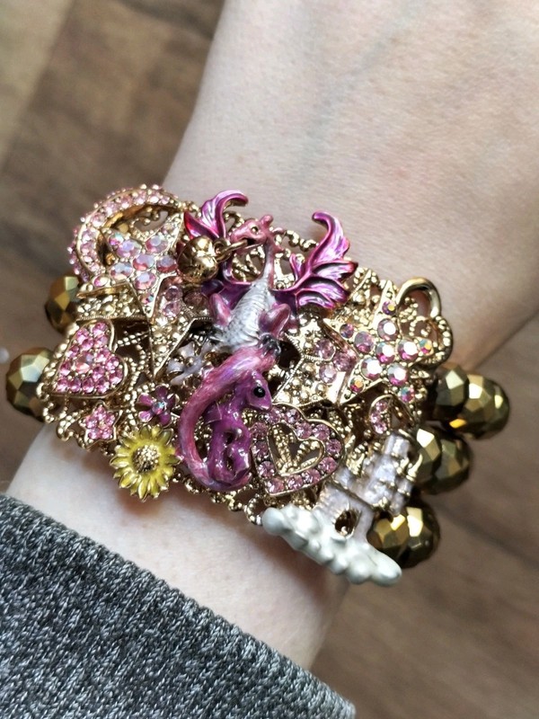 Kirks Folly Bracelet, Dragon & Castle Gold Stretchy Bead Bracelet Fairytale gallery