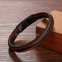 Men Black Red Braided Leather Stainless Steel Magnetic Clasp Bracelet Adjustable