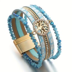 Blue Tree Of Life Beaded Rhinestone 5 Layered Wrap Bracelet Faux Leather Magnet