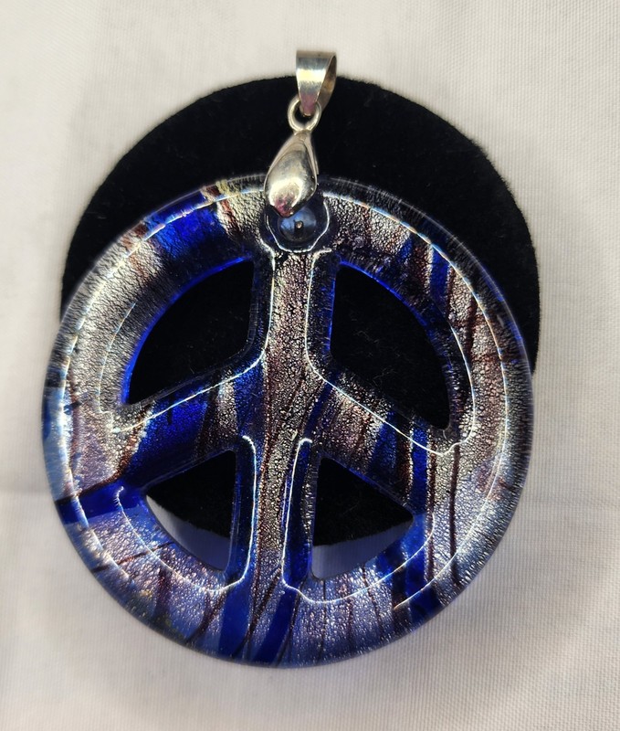 Vintage Blue & Silver Glass Peace Sign Pendant & Peace Bracelet gallery